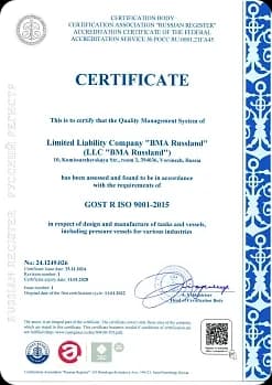 ISO 9001:2015 certificate for BMA Russland in English